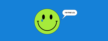 An illustration of a smiley face with a tear and speech bubble that says