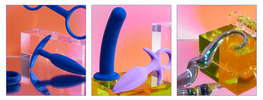 photo collage of Nudge butt plug, Pogo dildo, Shimmy butt plug, and Stellar dildo