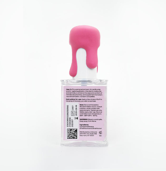 back of Buff silicone lubricant bottle