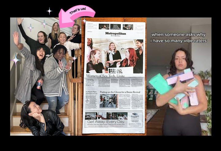 Collage of photos of the Unbound team smiling and posing on a staircase, next to the team image is a picture of a newspaper clipping of an article with the title Women of Sex Tech Unite.