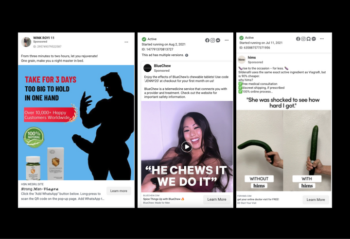 Three screenshot examples of active ads for ED