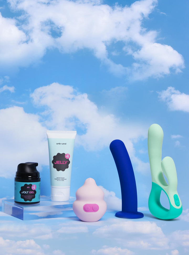 Image of assorted Unbound vibrators, lubricants and dildos from Unboundbabes.com
