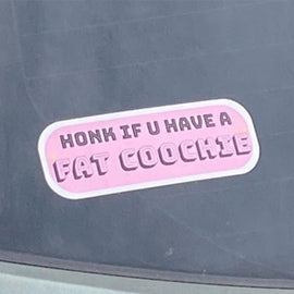 Pink bumper sticker that says Honk if you have a fat coochie