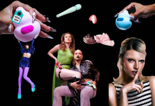 Three women in a room with various toys and objects around them on a black background.