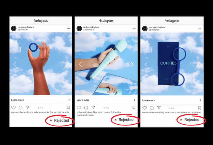 Three example sponsored Instagram posts by Unbound of products with the status Rejected circled in red.