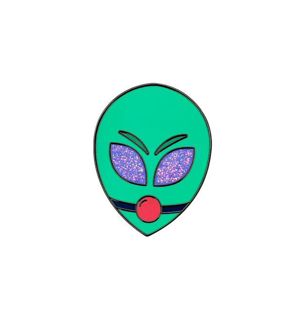Alien head pin wearing a ball-gag